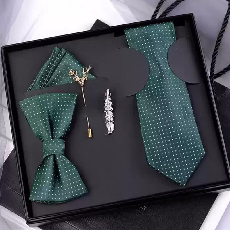 Caja de regalo con 5 pajaritas de lunares blancos y verde oscuro para hombre