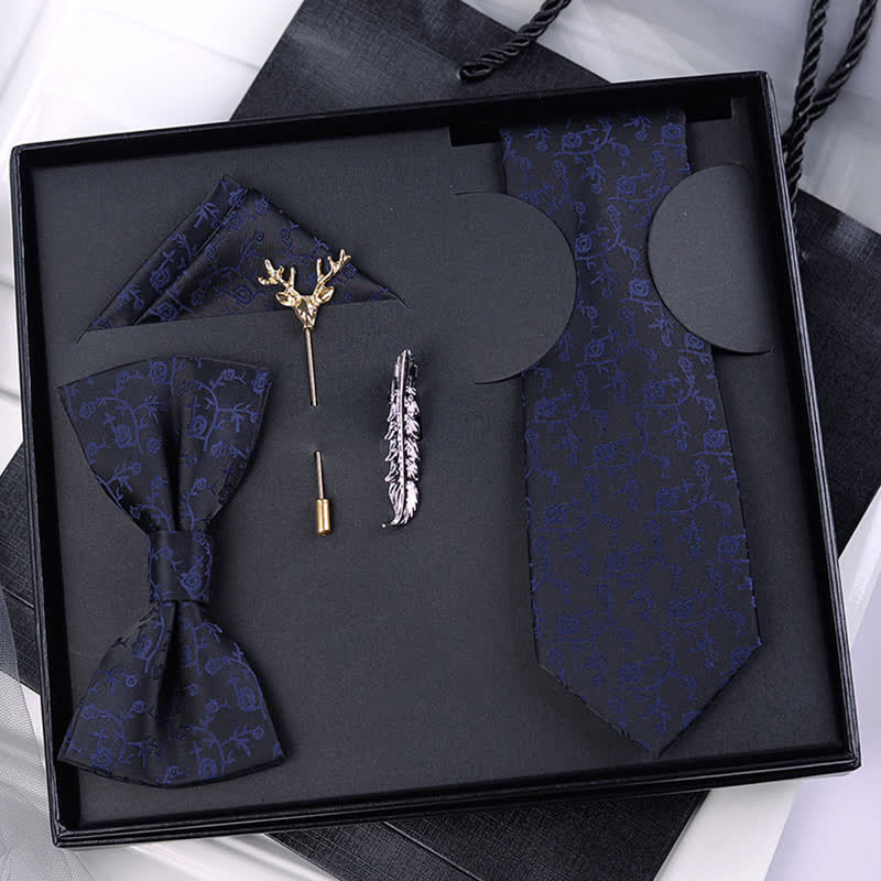 Caja de regalo con 5 pajaritas florales negras y azul oscuro para hombre