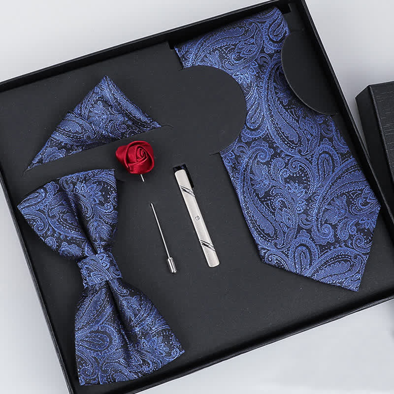 Caja de regalo con 5 pajaritas de cachemira azules y negras de lujo para hombre