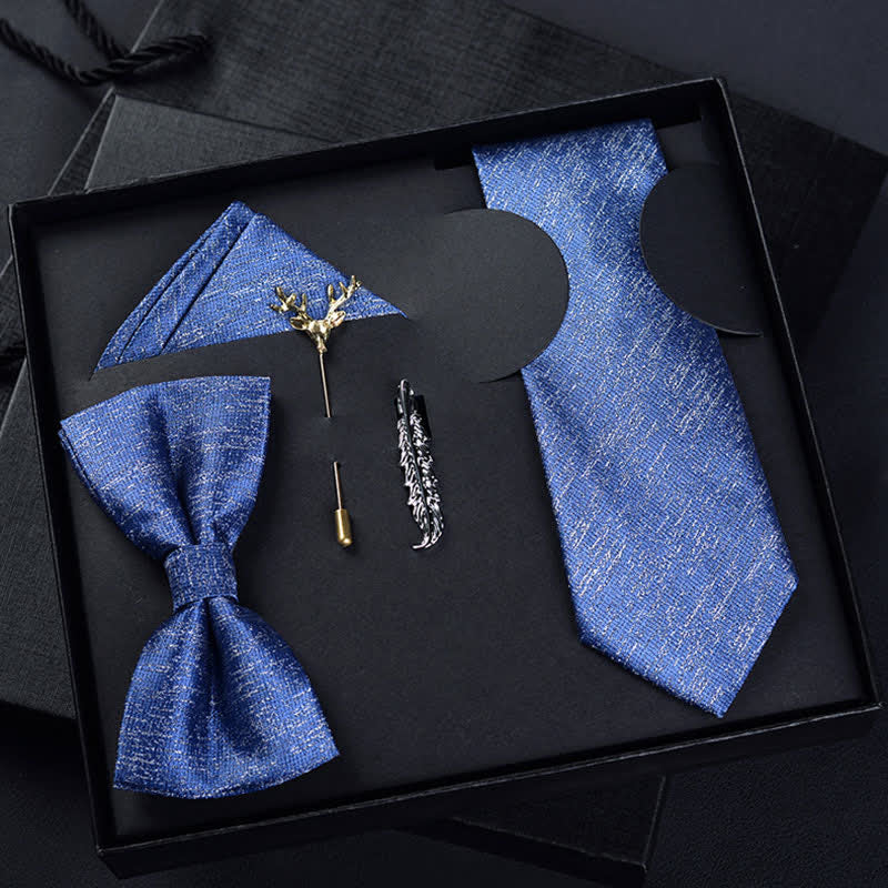 Caja de regalo con 5 pajaritas y cremallera de sarga azul para hombre