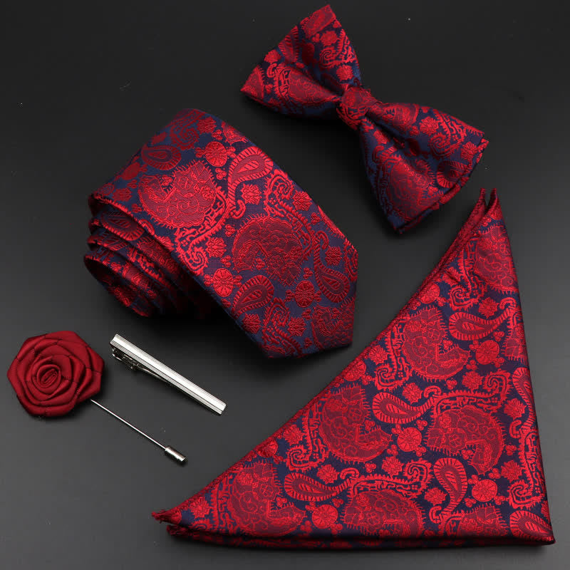 Caja de regalo con 5 pajaritas con estampado floral de cachemira burdeos para hombre