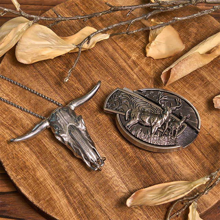 Hebilla de cinturón con cuchillo oculto de ciervo, colgante de cuerno largo, anillo de toro, conjunto DIY