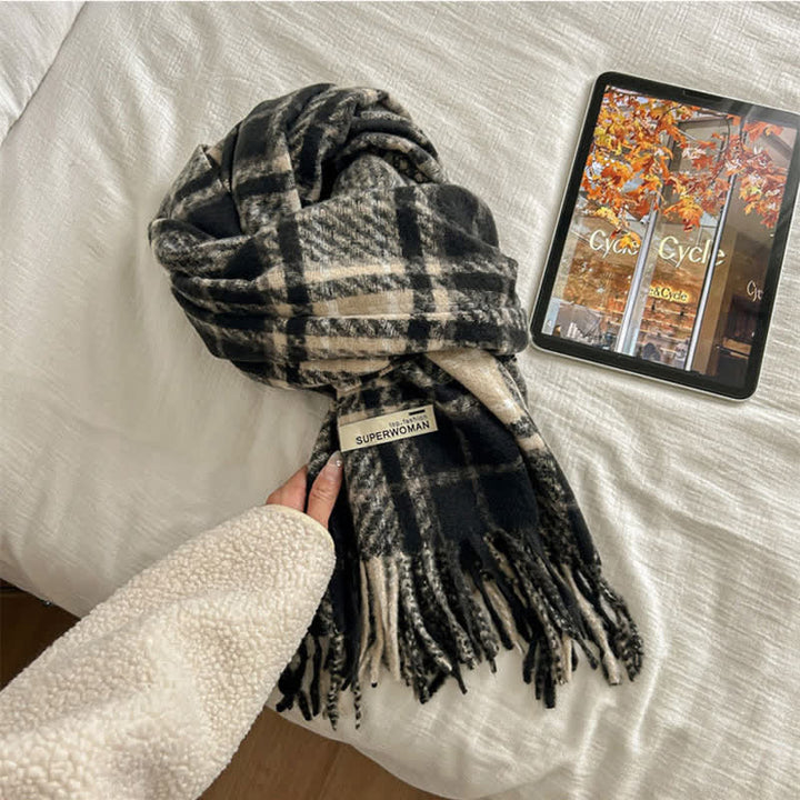 Bufanda unisex de gran tamaño con borlas y cuadros para invierno