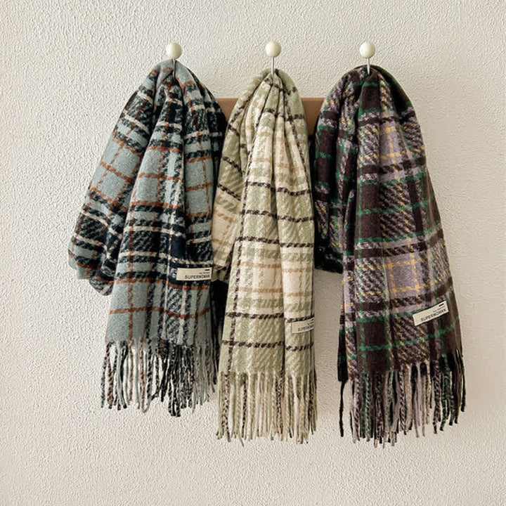 Bufanda unisex de gran tamaño con borlas y cuadros para invierno