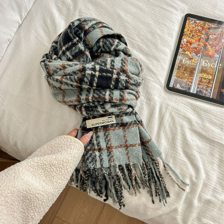 Bufanda unisex de gran tamaño con borlas y cuadros para invierno