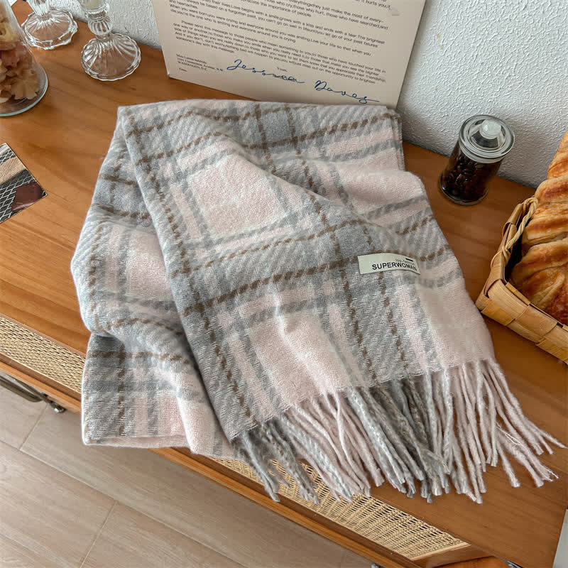 Bufanda unisex de gran tamaño con borlas y cuadros para invierno