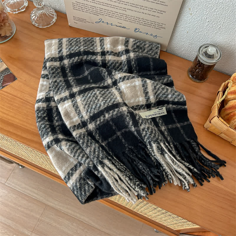 Bufanda unisex de gran tamaño con borlas y cuadros para invierno
