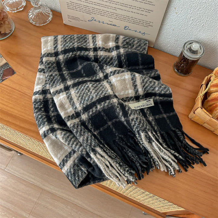 Bufanda unisex de gran tamaño con borlas y cuadros para invierno