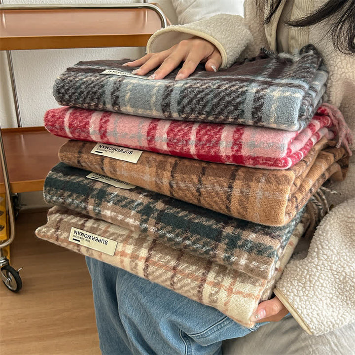 Bufanda unisex de gran tamaño con borlas y cuadros para invierno