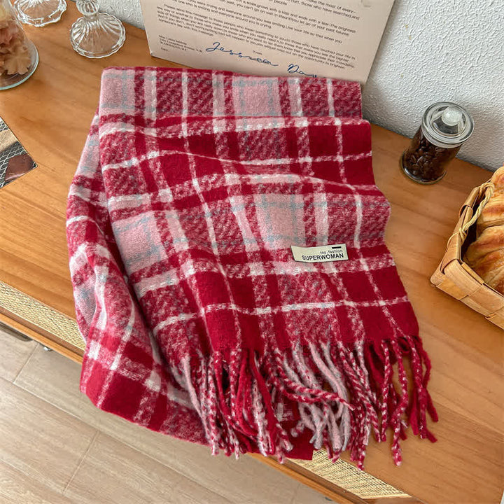 Bufanda unisex de gran tamaño con borlas y cuadros para invierno