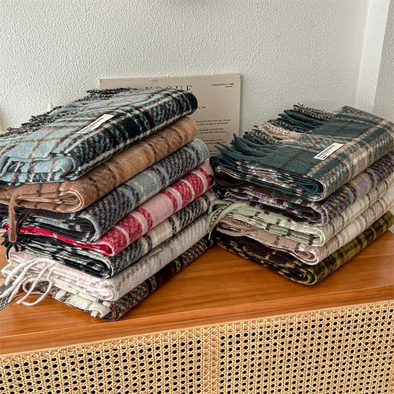 Bufanda unisex de gran tamaño con borlas y cuadros para invierno