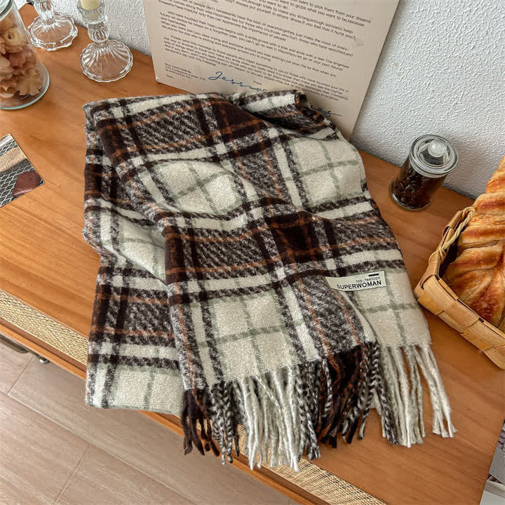 Bufanda unisex de gran tamaño con borlas y cuadros para invierno