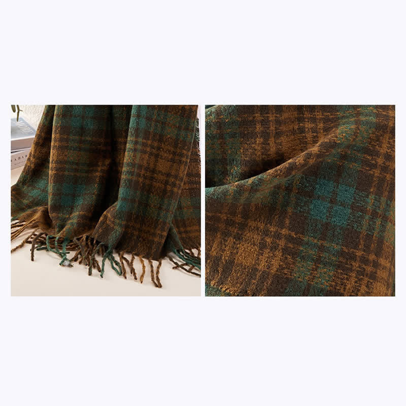Bufanda unisex de lujo con borlas y estampado a cuadros estilo británico