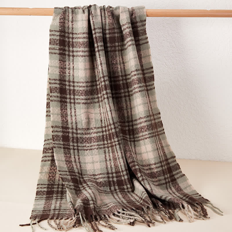 Bufanda unisex de lujo con borlas y estampado a cuadros estilo británico