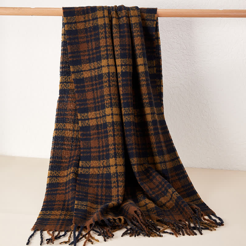 Bufanda unisex de lujo con borlas y estampado a cuadros estilo británico