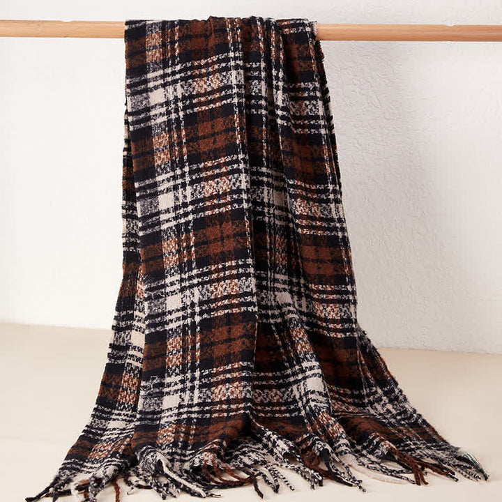 Bufanda unisex de lujo con borlas y estampado a cuadros estilo británico