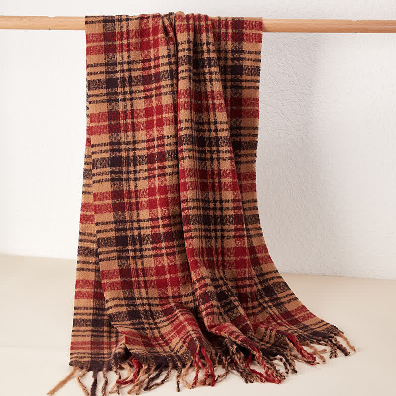 Bufanda unisex de lujo con borlas y estampado a cuadros estilo británico