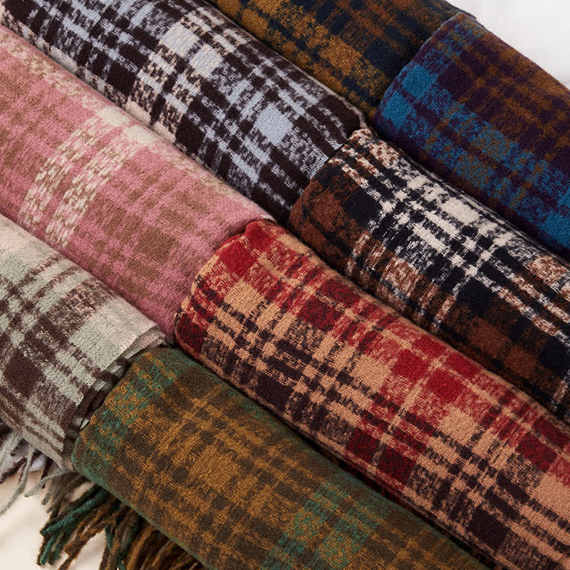 Bufanda unisex de lujo con borlas y estampado a cuadros estilo británico