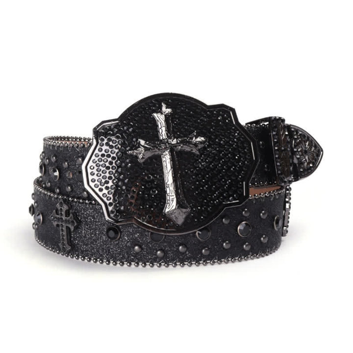 Cinturón de cuero con tachuelas y diamantes de imitación y hebilla cruzada brillante