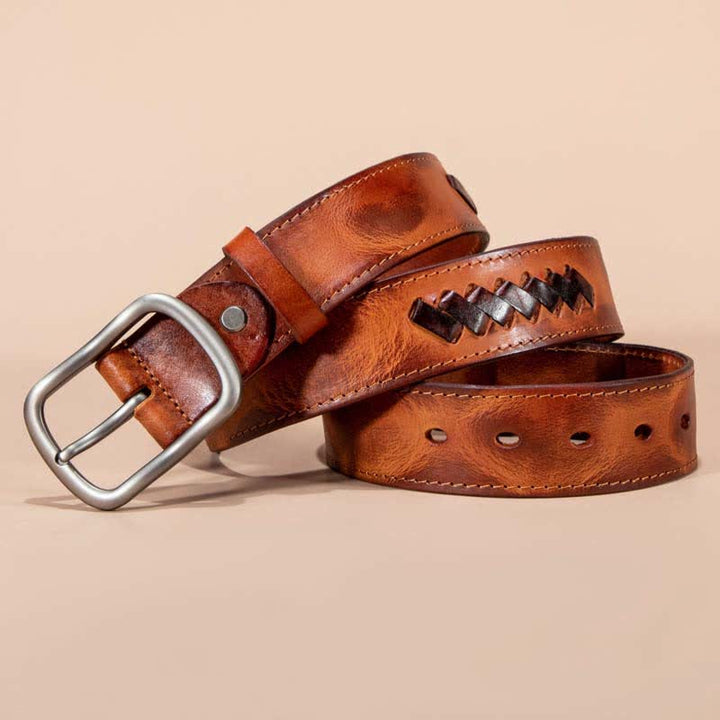 Cinturón de piel de vaca con diseño de patrones de tejido retro