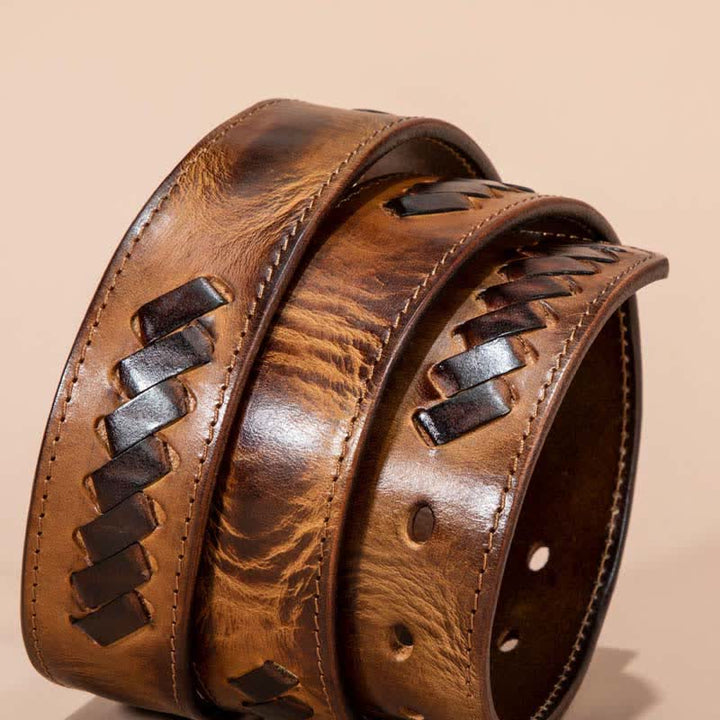 Cinturón de piel de vaca con diseño de patrones de tejido retro