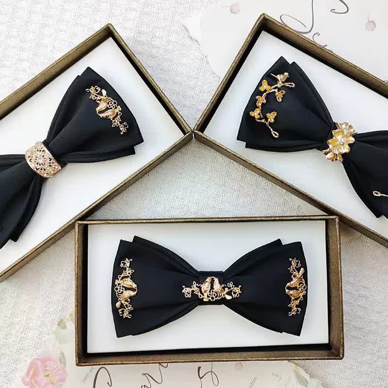 Pajarita de dos capas con ramas de pájaros y metal dorado para hombre