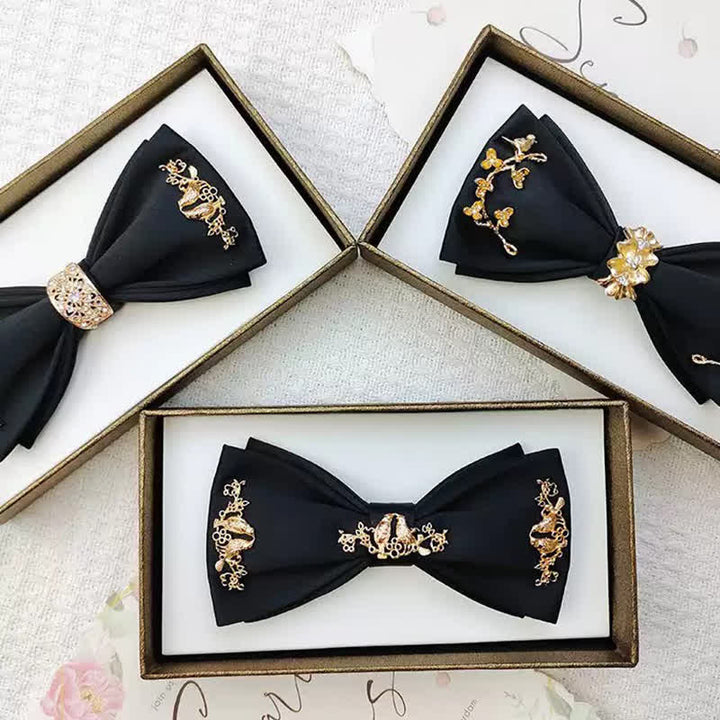 Pajarita de dos capas con ramas de pájaros y metal dorado para hombre