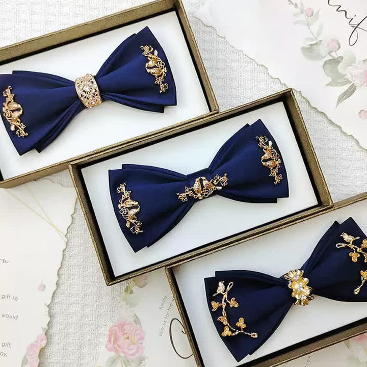 Pajarita de dos capas con ramas de pájaros y metal dorado para hombre