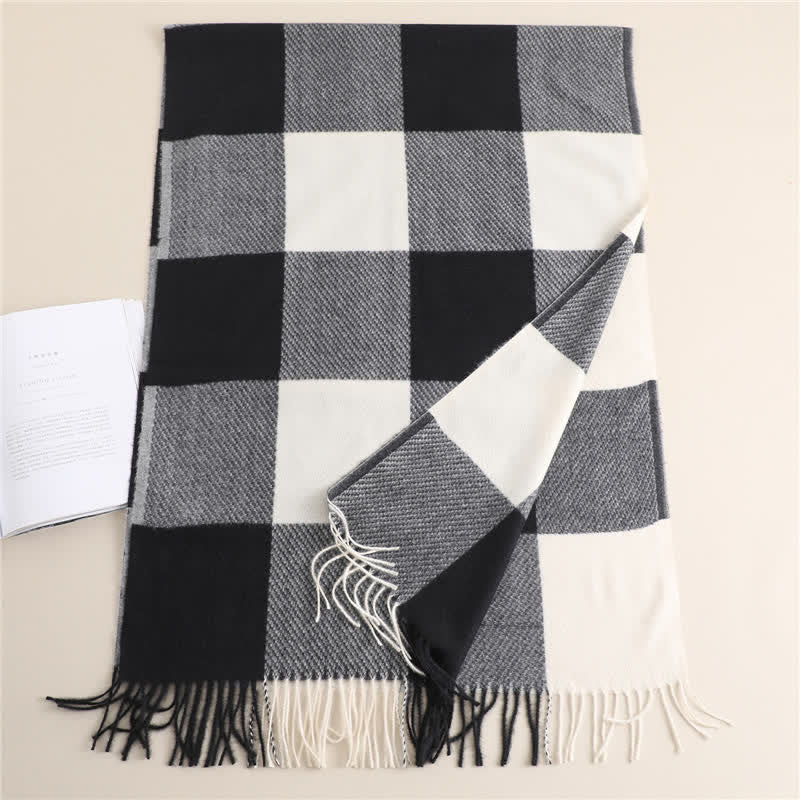 Bufanda unisex cálida de invierno a rayas y cuadros con flecos