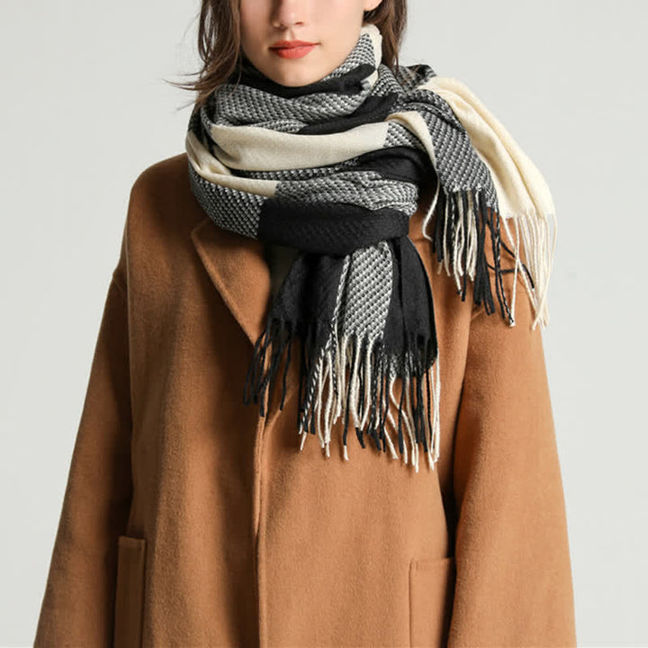 Bufanda unisex cálida de invierno a rayas y cuadros con flecos