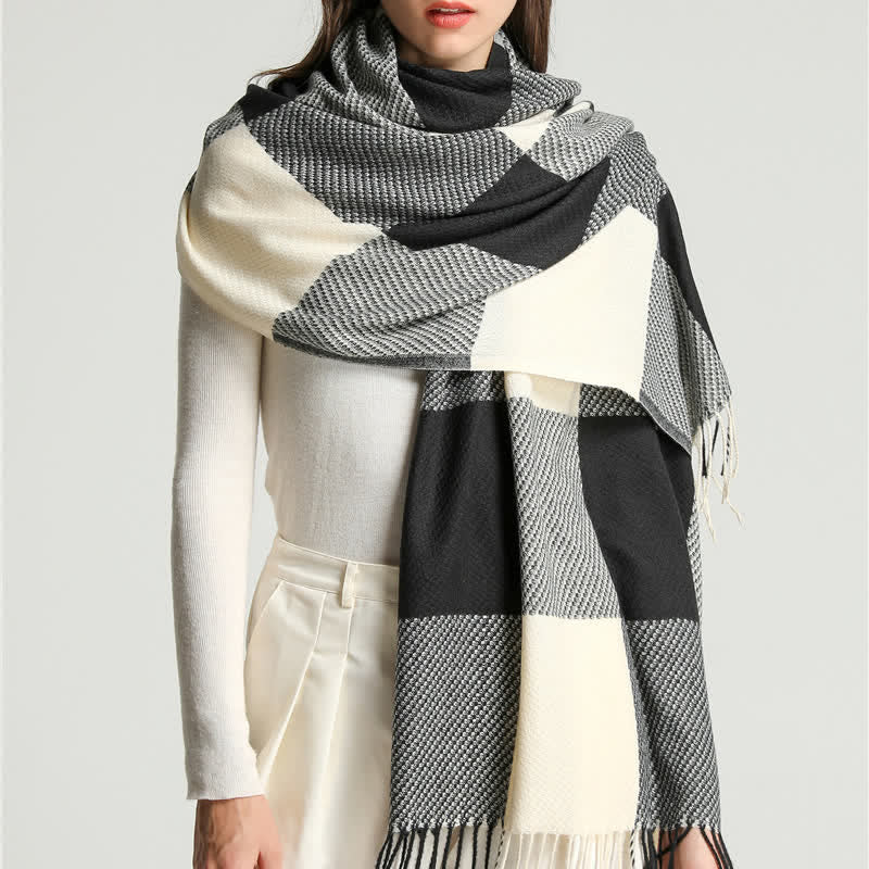 Bufanda unisex cálida de invierno a rayas y cuadros con flecos