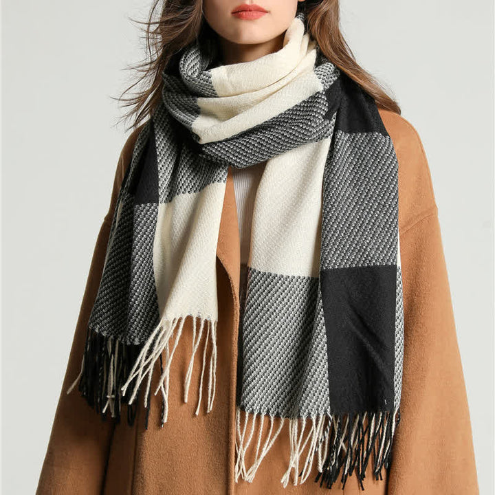 Bufanda unisex cálida de invierno a rayas y cuadros con flecos