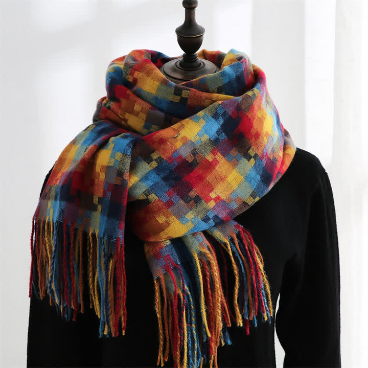 Bufanda unisex suave con flecos en forma de rompecabezas multicolor