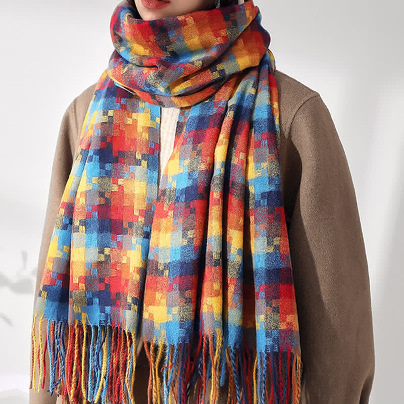 Bufanda unisex suave con flecos en forma de rompecabezas multicolor