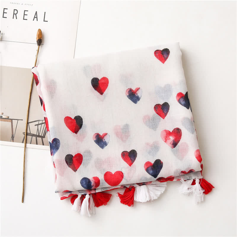 Bufanda fina con borlas y corazón rojo para mujer