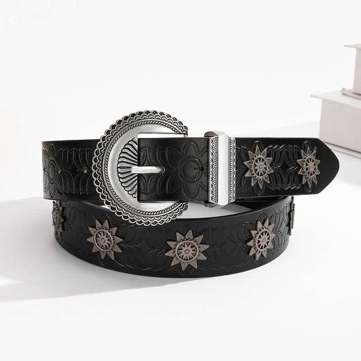 Cinturón de cuero con estampado floral retro con incrustaciones de remaches de estrella
