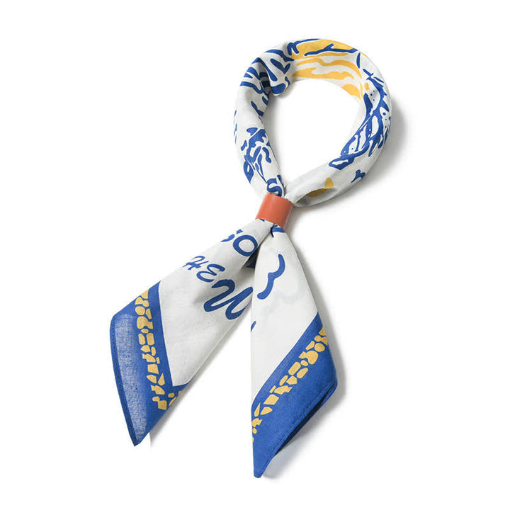 Bufanda cuadrada de vaquero en blanco y azul con diseño de fogata