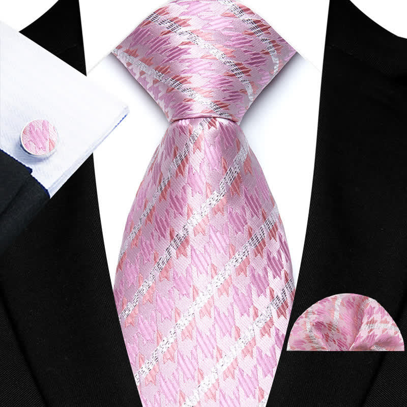 Conjunto de 3 corbatas de lujo con diseño de pata de gallo y rayas rosas para hombre