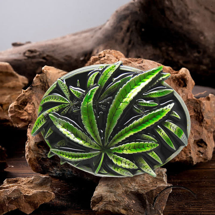 Cinturón de cuero con hebilla de planta de arce verde para hombre hecho a mano