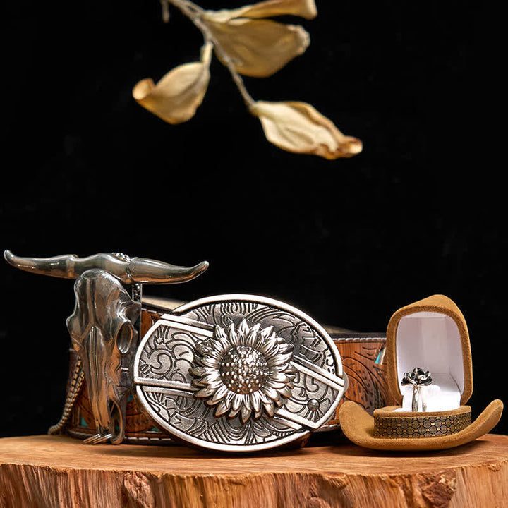 Conjunto de anillo con rosa y colgante de toro con hebilla de cinturón y cuchillo oculto de girasol