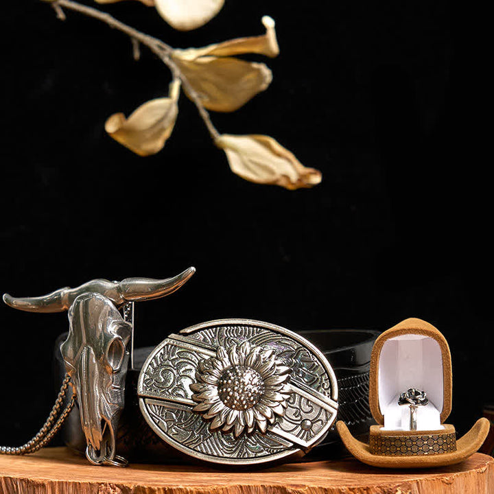 Conjunto de anillo con rosa y colgante de toro con hebilla de cinturón y cuchillo oculto de girasol
