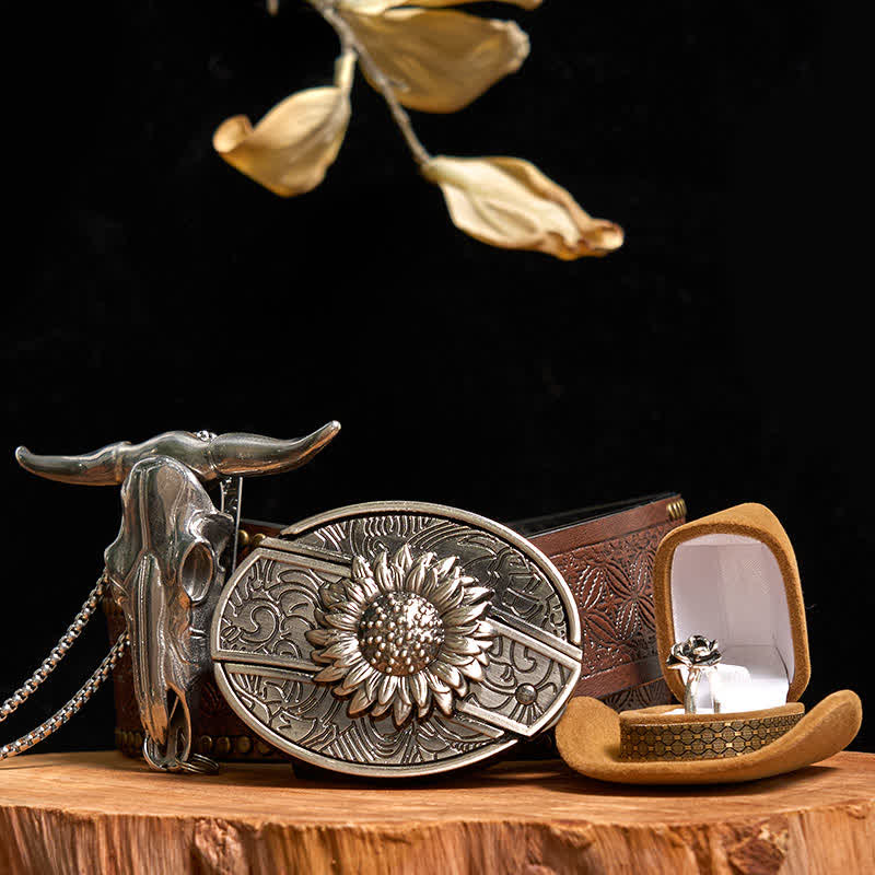 Conjunto de anillo con rosa y colgante de toro con hebilla de cinturón y cuchillo oculto de girasol
