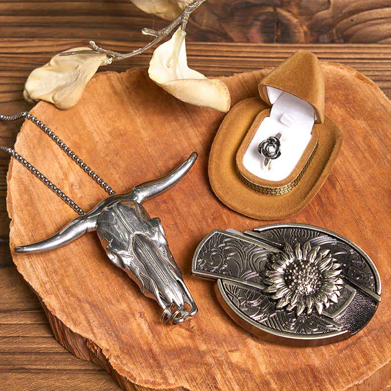 Conjunto de anillo con rosa y colgante de toro con hebilla de cinturón y cuchillo oculto de girasol