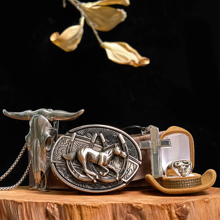 Conjunto de collar y anillo con colgante de toro y hebilla de cinturón con cuchillo oculto para caballo.