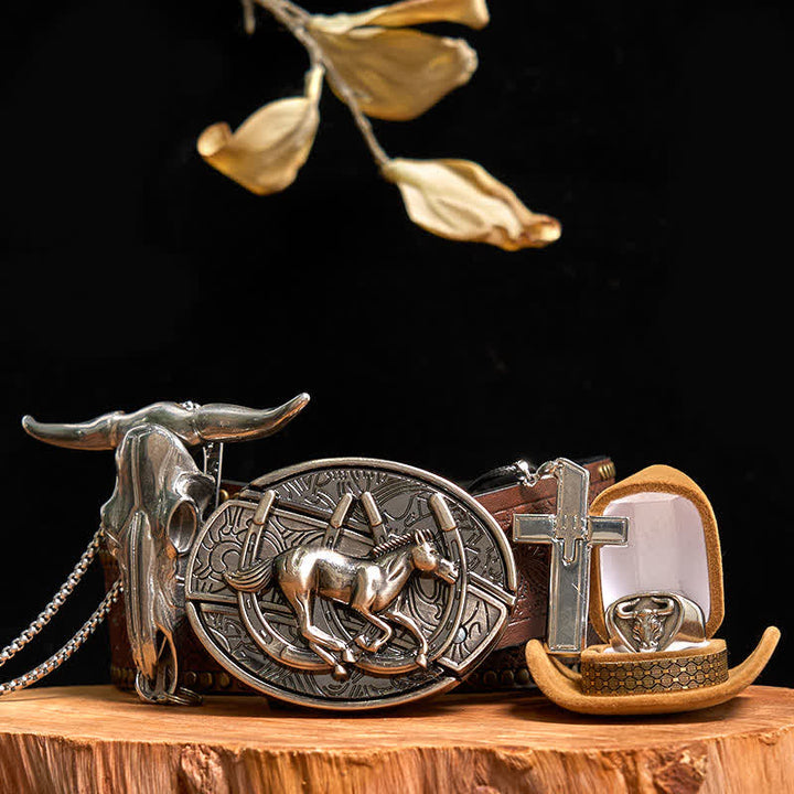 Conjunto de collar y anillo con colgante de toro y hebilla de cinturón con cuchillo oculto para caballo.