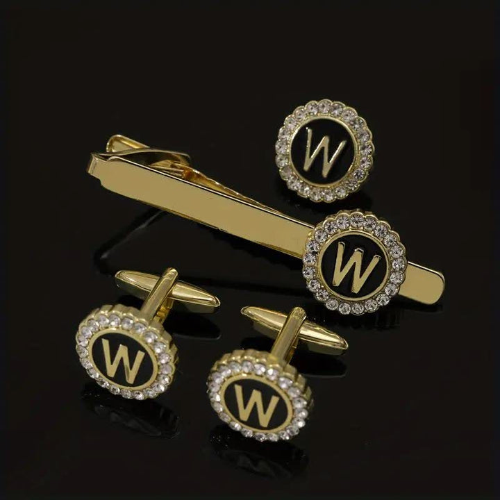 Juego de 3 gemelos y broche para corbata con 26 letras mayúsculas en oro para hombre