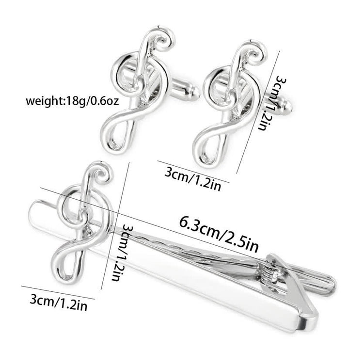 Juego de 2 gemelos con clip para corbata con nota musical de plata para hombre