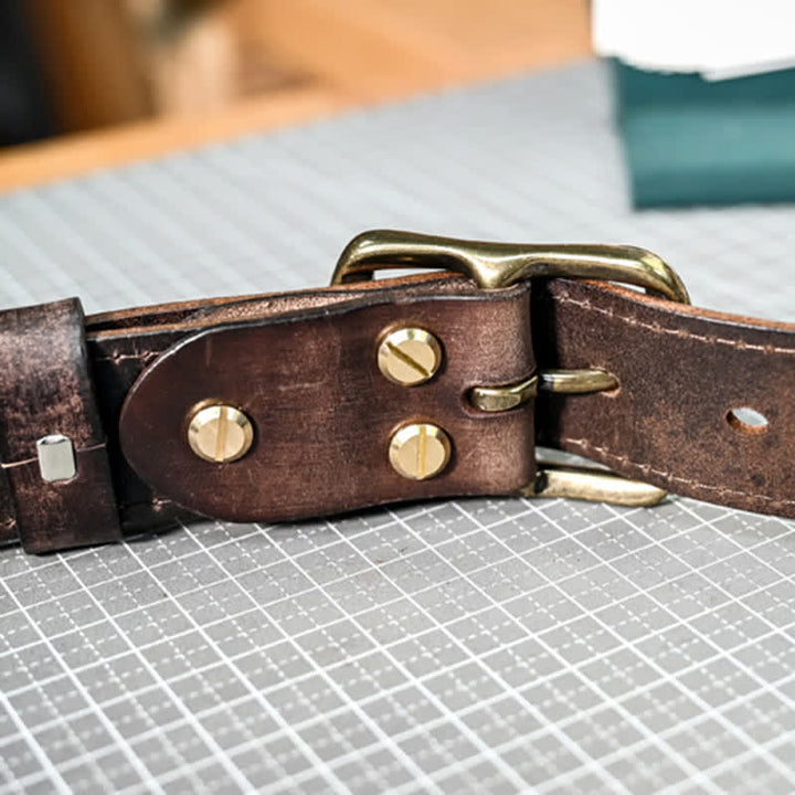 Cinturón de cuero con costura hecha a mano y hebilla de latón envejecido estilo retro - image 11