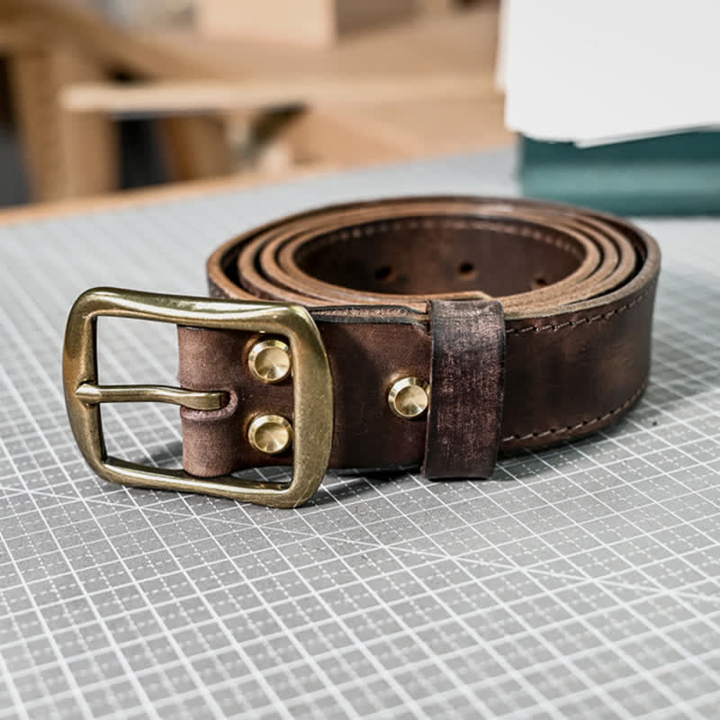 Cinturón de cuero con costura hecha a mano y hebilla de latón envejecido estilo retro - image 8