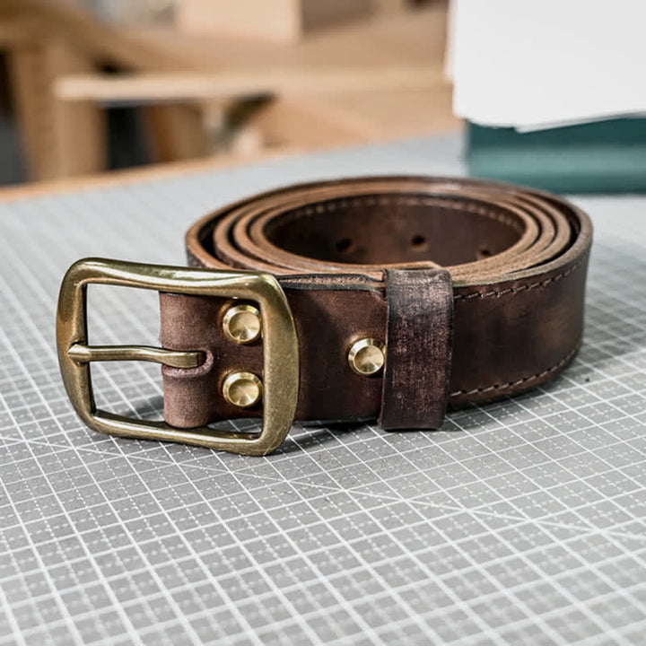 Cinturón de cuero con costura hecha a mano y hebilla de latón envejecido estilo retro - image 8